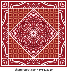 Design of Scarf with Mandala Flower Pattern. Vector illustration. Red color. For Print Bandana, Shawl, Carpet