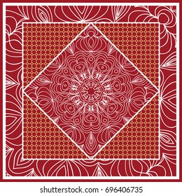 Design of Scarf with Mandala Flower Pattern. Vector illustration. Red color. For Print Bandana, Shawl, Carpet