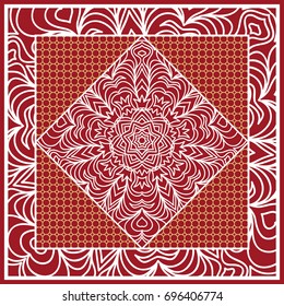 Design of Scarf with Mandala Flower Pattern. Vector illustration. Red color. For Print Bandana, Shawl, Carpet