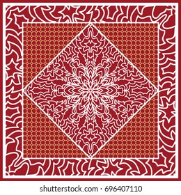 Design of Scarf with Mandala Flower Pattern. Vector illustration. Red color. For Print Bandana, Shawl, Carpet