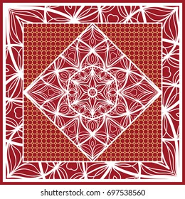 Design of Scarf with Mandala Flower Pattern. Vector illustration. Red color. For Print Bandana, Shawl, Carpet