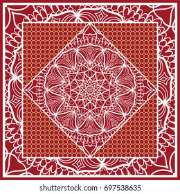 Design of Scarf with Mandala Flower Pattern. Vector illustration. Red color. For Print Bandana, Shawl, Carpet