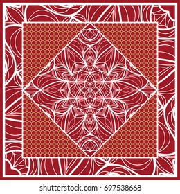 Design of Scarf with Mandala Flower Pattern. Vector illustration. Red color. For Print Bandana, Shawl, Carpet