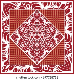 Design of Scarf with Mandala Flower Pattern. Vector illustration. Red color. For Print Bandana, Shawl, Carpet
