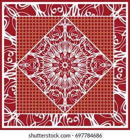 Design of Scarf with Mandala Flower Pattern. Vector illustration. Red color. For Print Bandana, Shawl, Carpet