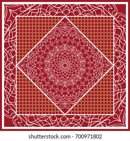 Design of Scarf with Mandala Flower Pattern. Vector illustration. Red color. For Print Bandana, Shawl, Carpet