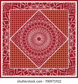 Design of Scarf with Mandala Flower Pattern. Vector illustration. Red color. For Print Bandana, Shawl, Carpet