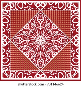 Design of Scarf with Mandala Flower Pattern. Vector illustration. Red color. For Print Bandana, Shawl, Carpet