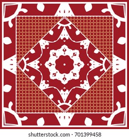 Design of Scarf with Mandala Flower Pattern. Vector illustration. Red color. For Print Bandana, Shawl, Carpet