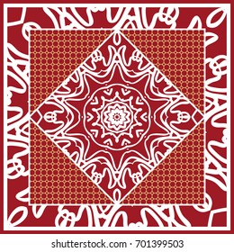 Design of Scarf with Mandala Flower Pattern. Vector illustration. Red color. For Print Bandana, Shawl, Carpet