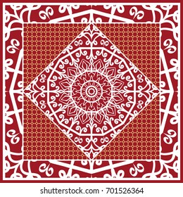 Design of Scarf with Mandala Flower Pattern. Vector illustration. Red color. For Print Bandana, Shawl, Carpet