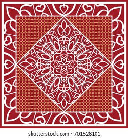 Design of Scarf with Mandala Flower Pattern. Vector illustration. Red color. For Print Bandana, Shawl, Carpet