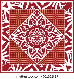 Design of Scarf with Mandala Flower Pattern. Vector illustration. Red color. For Print Bandana, Shawl, Carpet