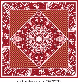 Design of Scarf with Mandala Flower Pattern. Vector illustration. Red color. For Print Bandana, Shawl, Carpet