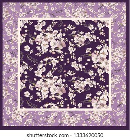 Design scarf in modern style. Spring cherry flowers on purple and lilac background. Vector illustration