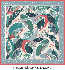Design scarf in modern style. Tropical leaves on a light background. Hand-drawn vector illustration
