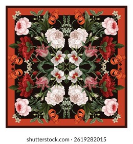 Design scarf with oil painting rococo still-lifes flowers. Vector