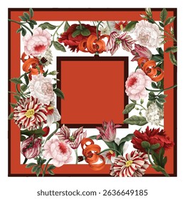Design scarf with oil painting rococo still-lifes flowers. Vector