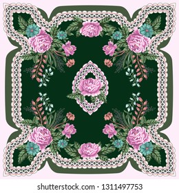 Design scarf with roses and ornament. 