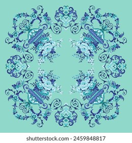 Design of scarf with vases of roses. Mint and blue colors