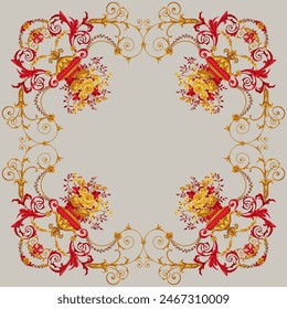 Design of scarf with vases of roses. Red and yellow colors