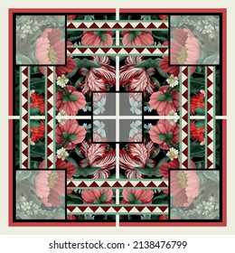 Design scarf with victorian botanical flowers. Trendy vector print