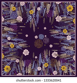 Design scarf in vintage style. Lavender and meadow flowers on a dark purple background. Hand-drawn vector illustration