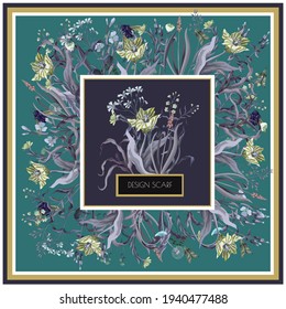 Design scarf with wild flowers and insects. Trendy vector print