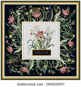 Design scarf with wild flowers and insects. Trendy vector print