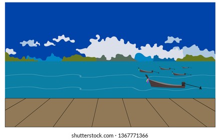 Design of scenic tropical sea which plank wood , long tail boats , white clouds and blue sky , vector