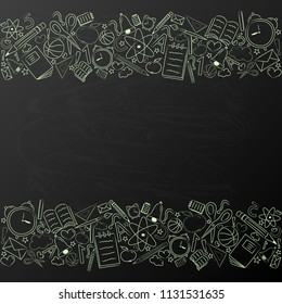 Design of a school background with funny doodles on blackboard. Vector.