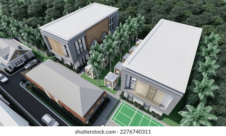 design of school buildings or apartments or cottages or inns with large green areas seen from bird view