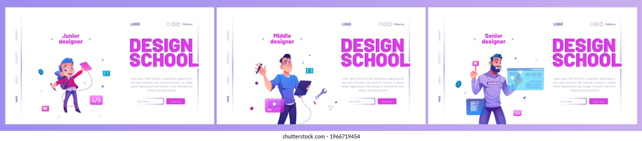 Design school cartoon landing pages, junior, middle and senior designers create projects on augmented reality interface screens. Creative courses, professional online education, vector web banners set