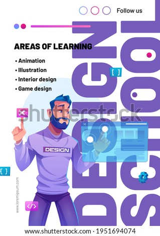 Design school cartoon web banner with man illustrator use artificial interface. Learning for artist profession, graphic painting, animation, interior and game projection, Cartoon vector illustration