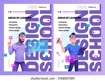 Design school posters with cartoon man designer with graphic tablet. Business education in creative professions, animation, illustration, interior and game areas. Vector flyers for digital artists