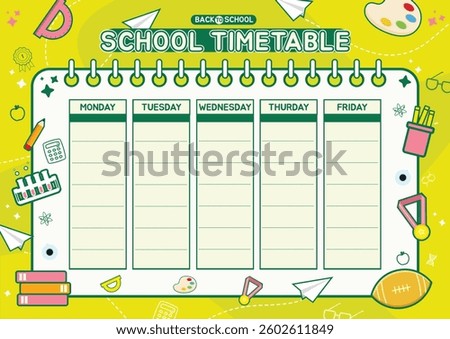 Design school schedule template and school timetable with school supplies.