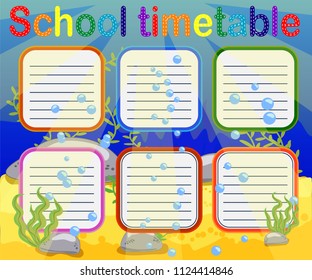 Design of the school timetable for kids. Bright underwater background for the planning of the school week