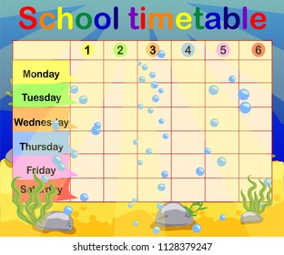 Design of the school timetable for kids. Bright underwater background for the planning of the school week