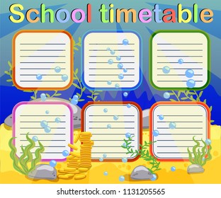 Design of the school timetable for kids. Bright underwater background for the planning of the school week