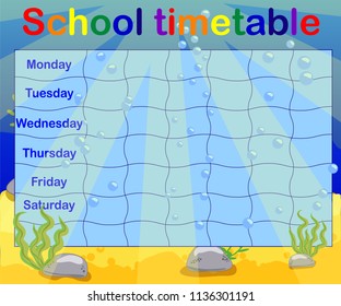 Design of the school timetable for kids. Bright underwater background for the planning of the school week