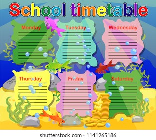 Design of the school timetable for kids. Bright underwater background for the planning of the school week