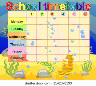 Design of the school timetable for kids. Bright underwater background for the planning of the school week