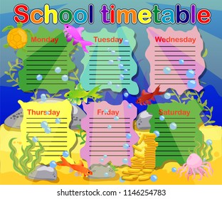 Design of the school timetable for kids. Bright underwater background for the planning of the school week