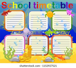 Design of the school timetable for kids. Bright underwater background for the planning of the school week