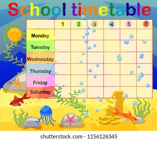 Design of the school timetable for kids. Bright underwater background for the planning of the school week
