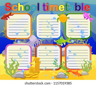 Design of the school timetable for kids. Bright underwater background for the planning of the school week