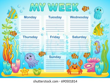 Design of the school timetable for kids. Bright underwater background for the planning of the school week