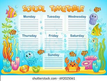 Design of the school timetable for kids. Bright underwater background for the planning of the school week