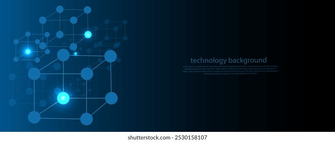 Diseño para ciencia y laboratorio abstracto átomo y molécula en fondo azul y la conexión de líneas de puntos con espacio de copia para su texto. 