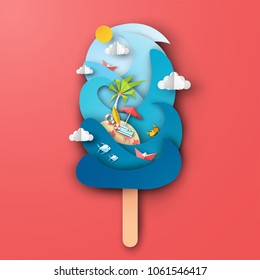 Design The Sea In Ice Cream Shape With Beach Equipment On Red Background. Graphic Design For Summer. Paper Art And Craft Style. Vector, Illustration.